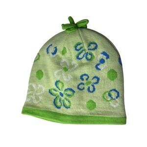 Girls Lime Green Floral Knit Fleece Lined Cozy Beanie Winter Knit Hat Y2K